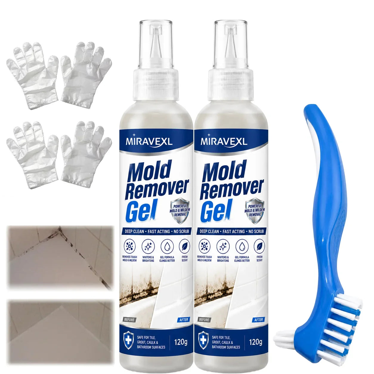 Mold Remover Gel Kit with Brush & Gloves | Grout & Tile Cleaner