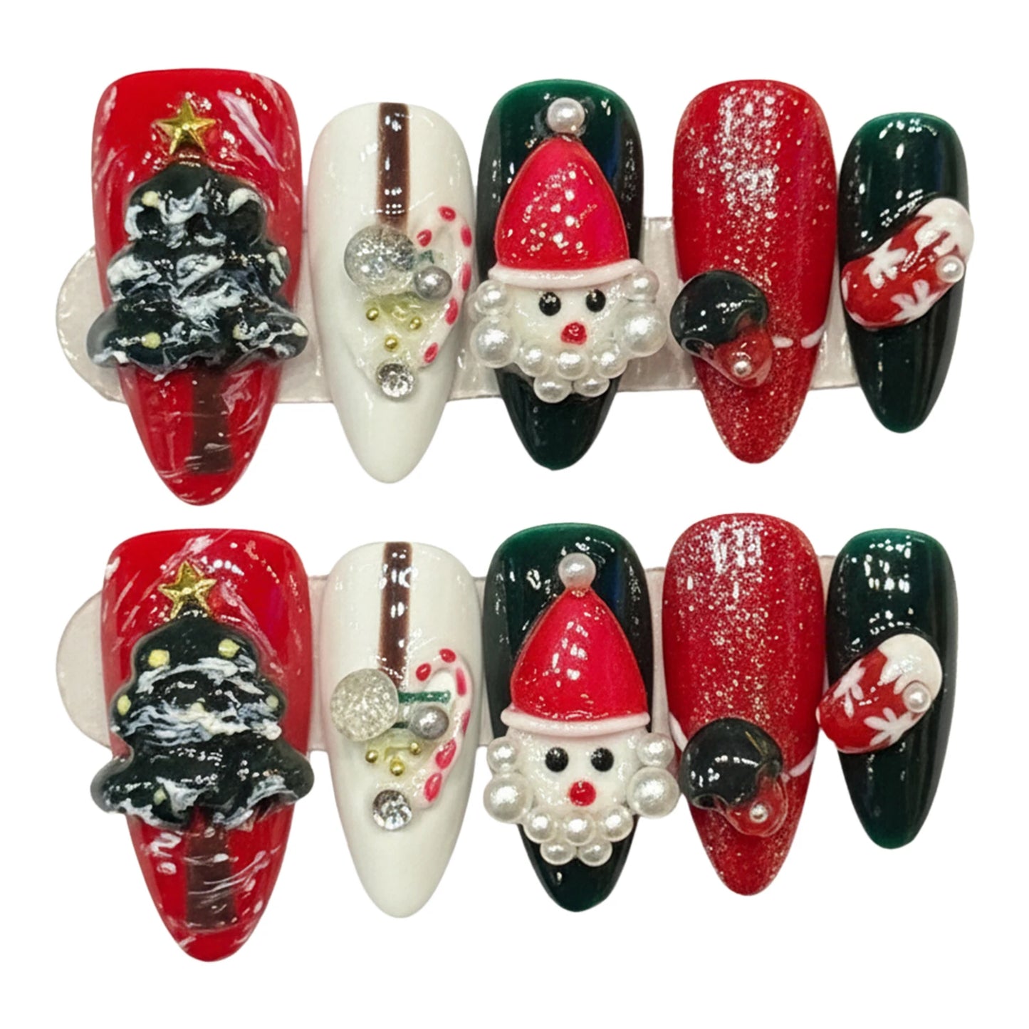 Christmas Press On Nails | Pearl Glitter Almond 3D Fake Nails 10PCS
