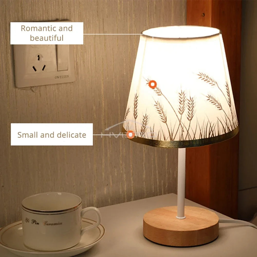 Nordic LED Desk Lamp – Wooden Base & Fabric Shade | USB Night Light