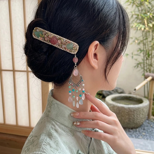 New Chinese Style Hair Clip With Colored Stone Fringe For Wedding And Daily Use Peaceful Pleasures Health and Wellness