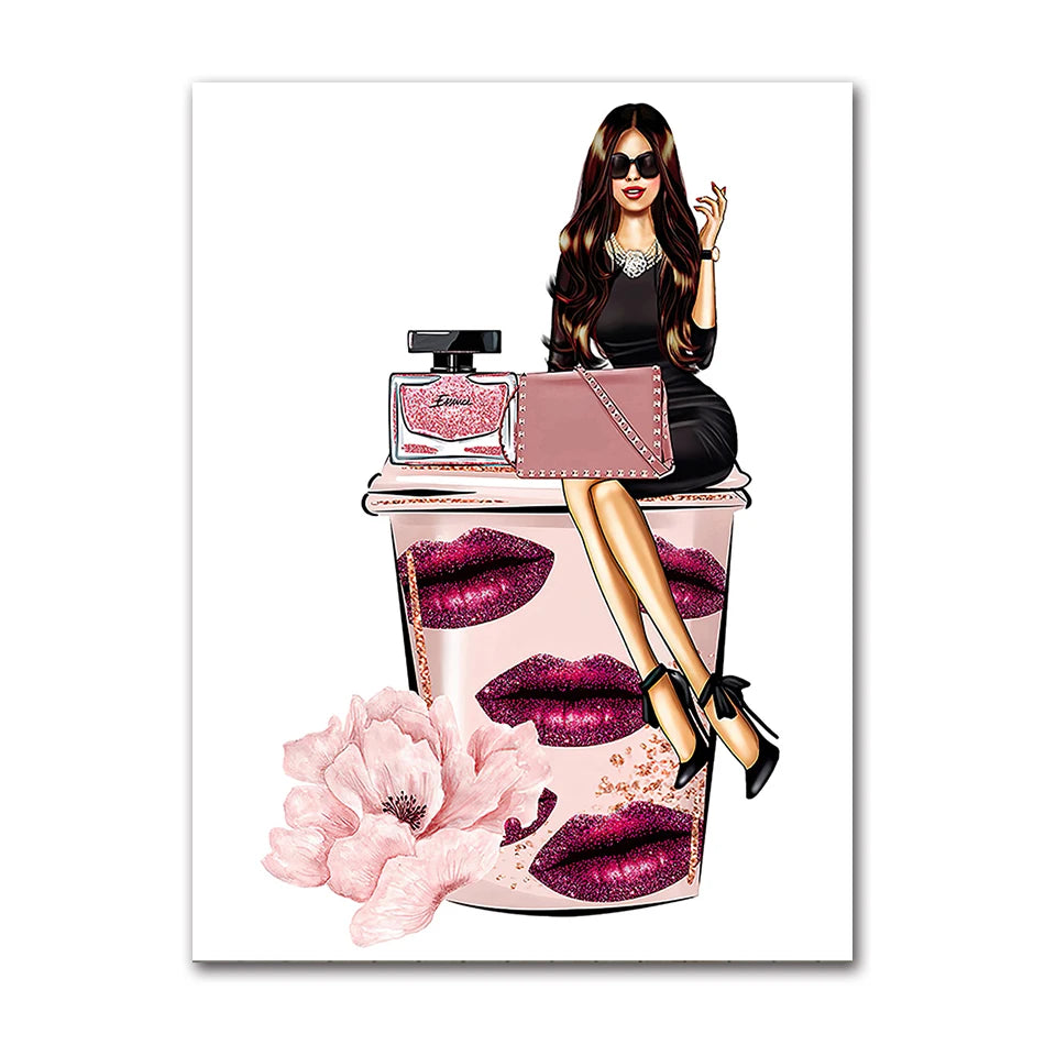 Paris Fashion Girl Flower Canvas Wall Art Print | Unframed Poster