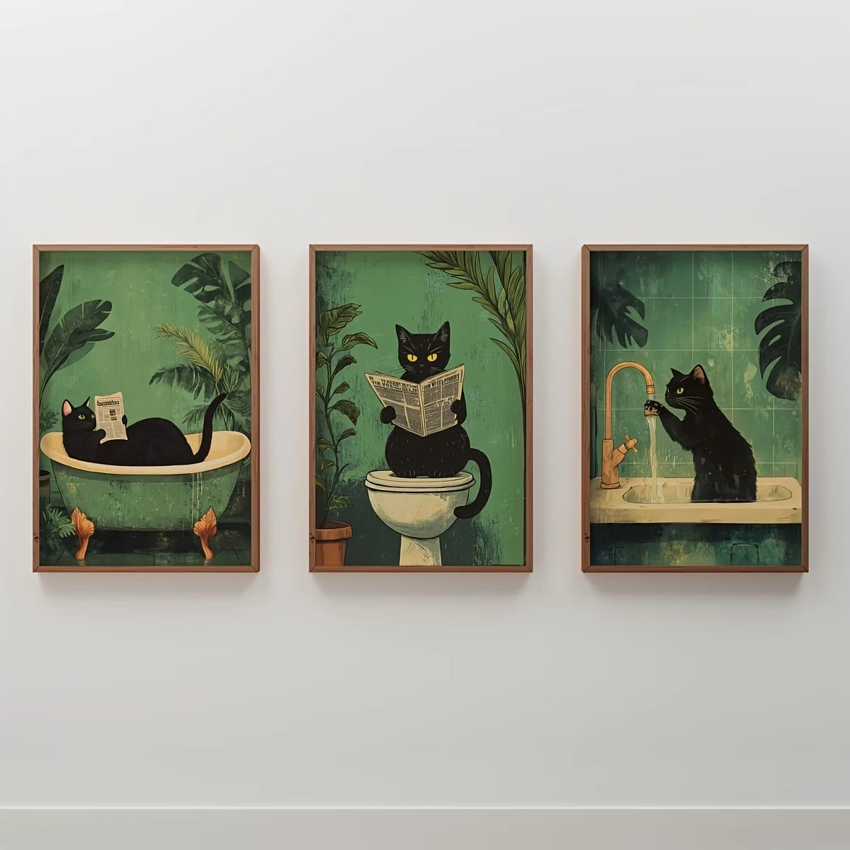 3-Piece Funny Black Cat Canvas Wall Art | Bathroom & Home Decor