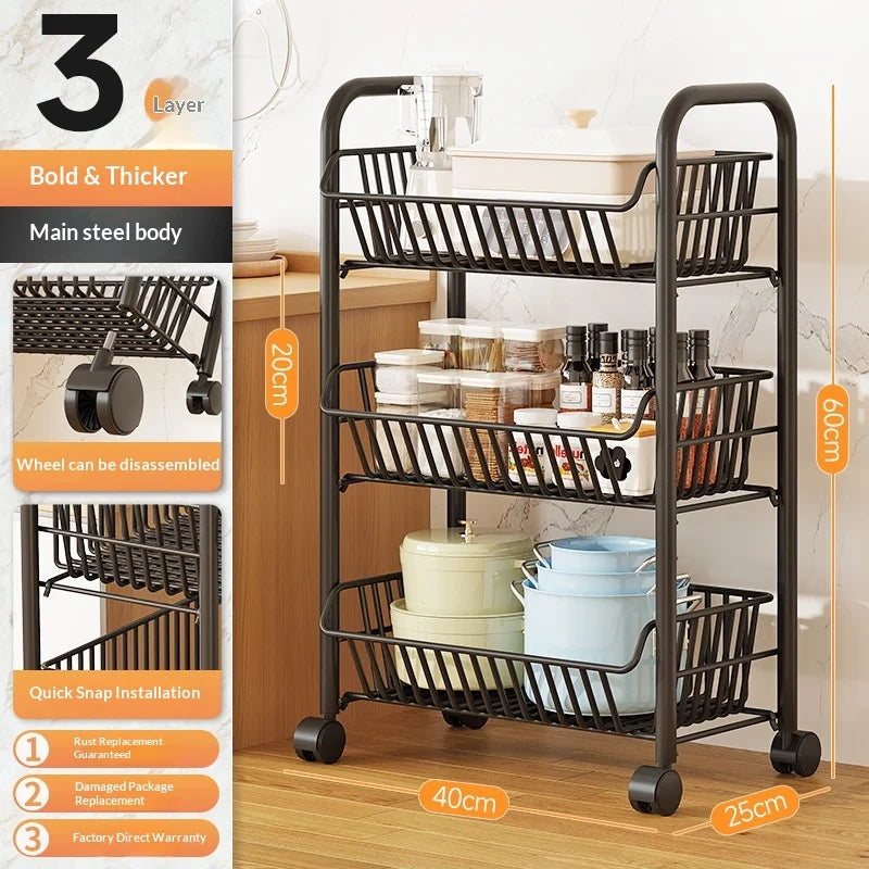 Sturdy Heavy Duty Space Saving Multilayer Kitchen Vegetable Fruit Storage Rack Rolling Cart with Baskets for Home Pantry Peaceful Pleasures Health and Wellness Black 3 Layer