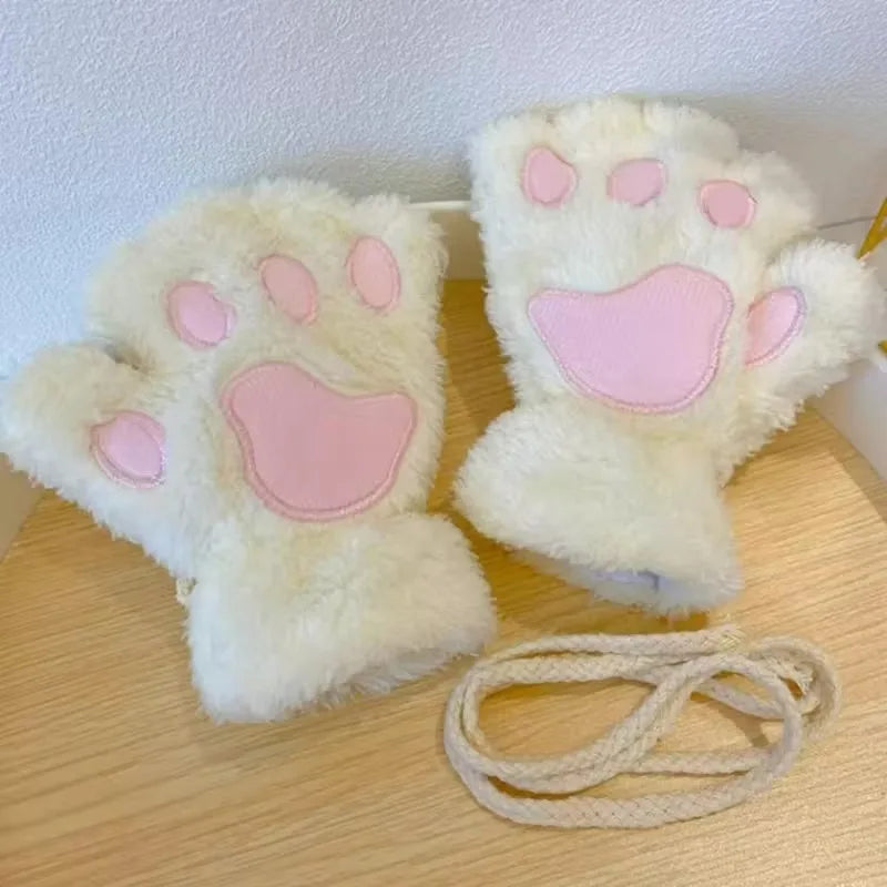 Cat Paw Fuzzy Fingerless Gloves – Soft Plush Winter Mittens