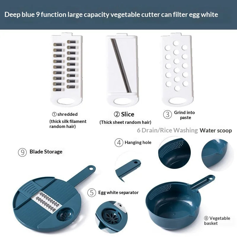 Multifunctional 9-in-1 Vegetable Chopper, Carrot and Potato Manual Shredding and Slicing Machine, Radish Chopper, Kitchen Tool Peaceful Pleasures Health and Wellness Blue-9pcs