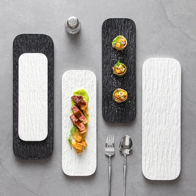 10-inch White and Black Stone Grain Rectangle Flat Tray for Hotel layout Plates Restaurant Ceramic Serving Sushi pastry plate Peaceful Pleasures Health and Wellness