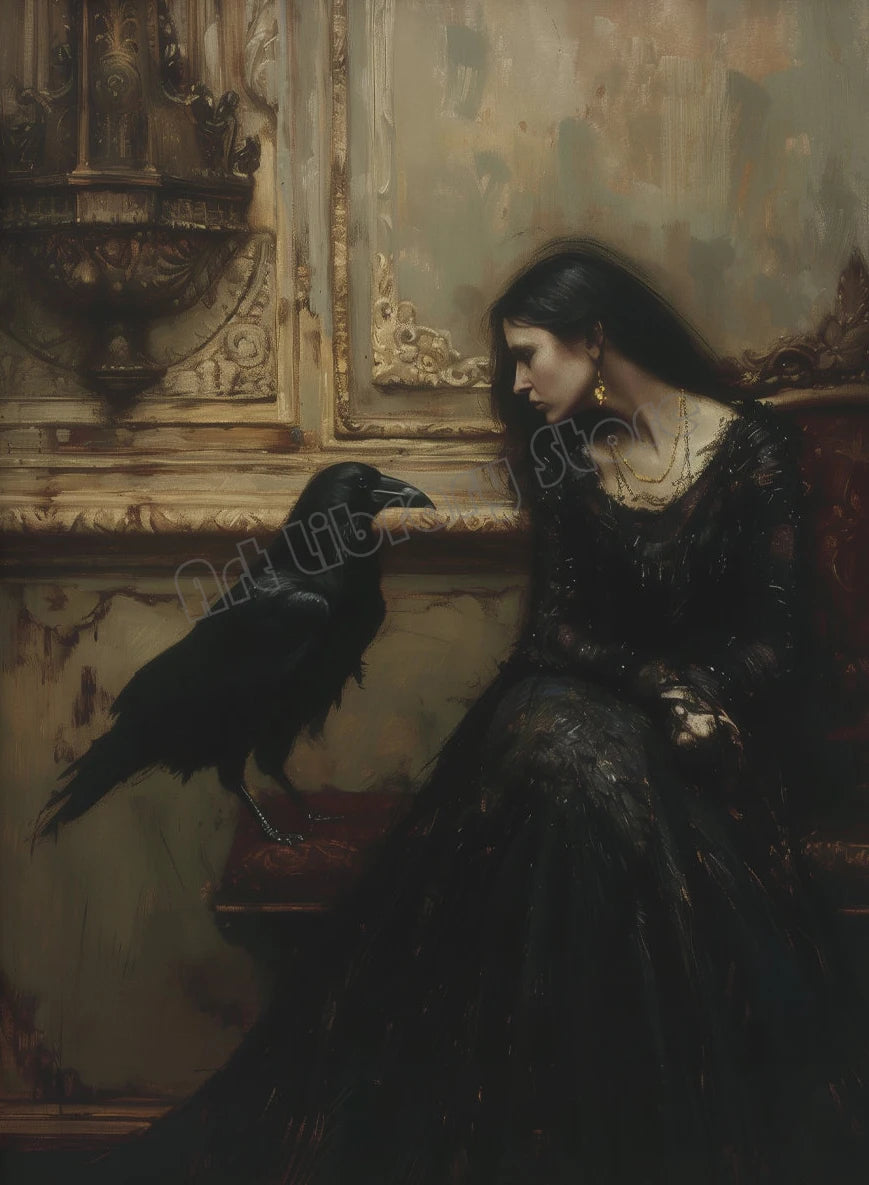 Dark Moody Victorian Witch Canvas Wall Art | Raven Skull Print