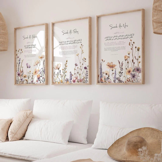 Islamic Quran Verse Canvas Wall Art | Muslim Home Decor Print Canvas Wall Art Peaceful Pleasures Health and Wellness G4071-3pcs 30x40cm Unframed