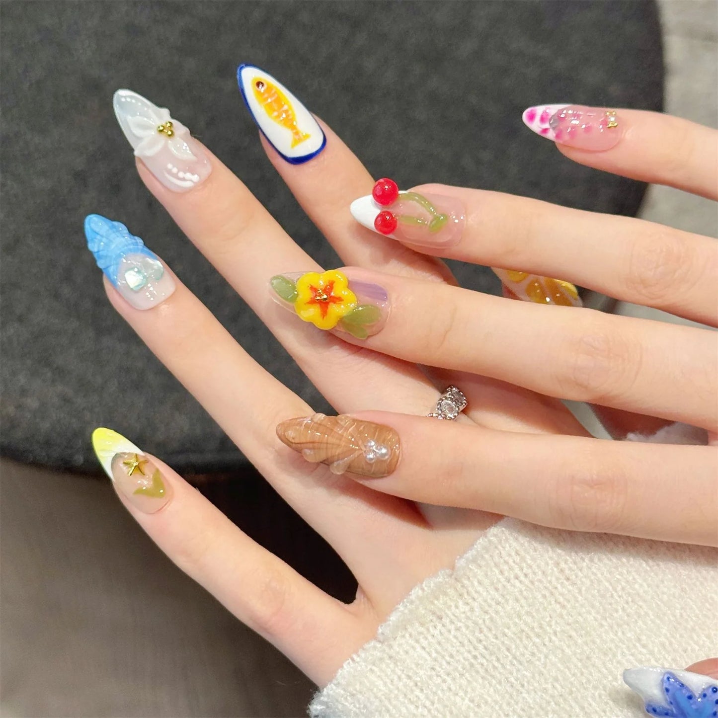 10pcs Handmade Press on Nails Island Flower Decor Glitter Fake Nails Wearable 3D Hand-Carved French False Nail Tips Almond Shape Peaceful Pleasures Health and Wellness
