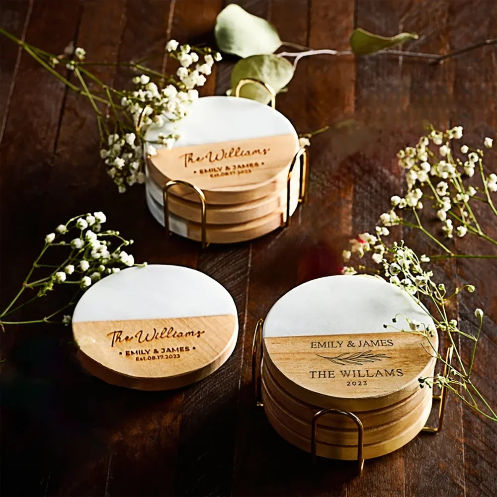 Personalized Marble & Wood Wedding Coasters | Gift for Her