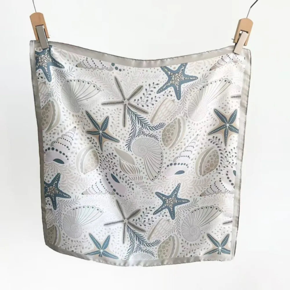Y2K Starfish Shell Print Satin Square Scarf | 70x70cm Satin Square Scarf Peaceful Pleasures Health and Wellness Silver