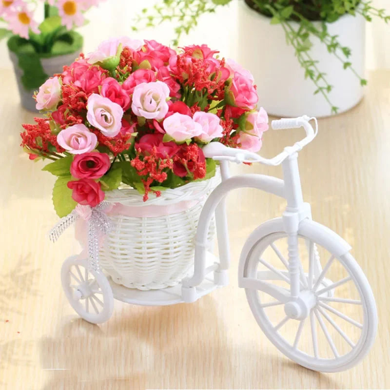 Silk Rose Artificial Flowers Bicycle Vase Desktop Bonsai Decor