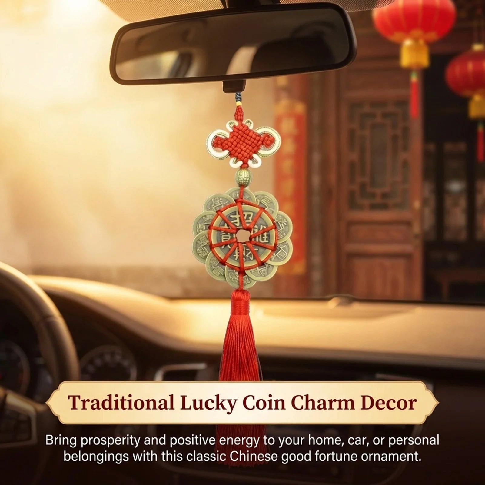 Copper Five Emperor Coin Pendant with Auspicious Knot for Car Home Decor Peaceful Pleasures Health and Wellness