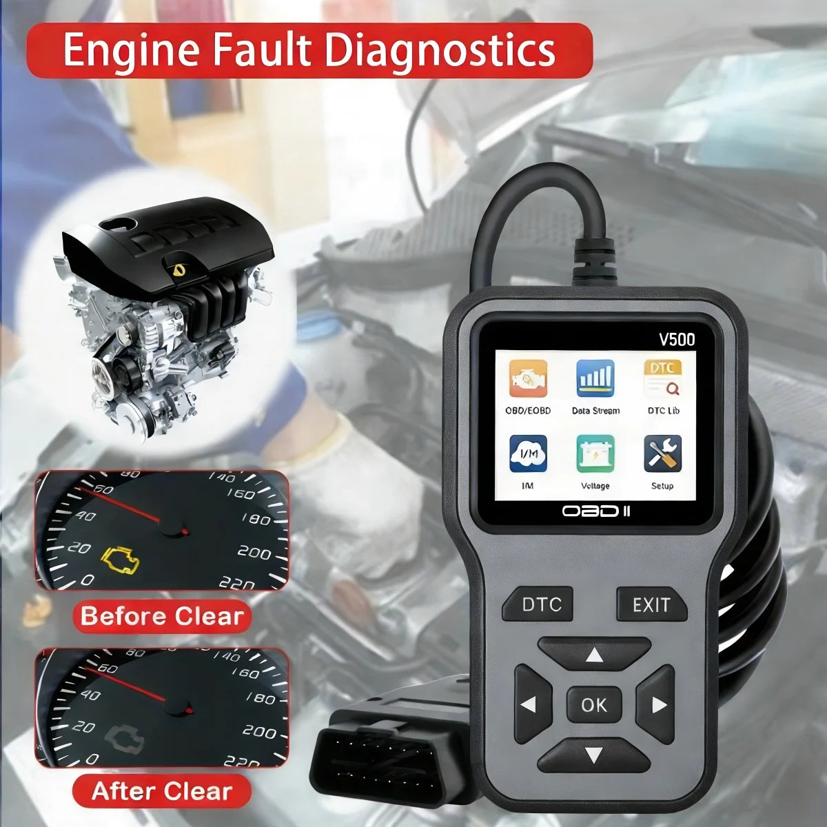 V500 OBD2 Scanner – Engine Code Reader & Battery Tester
