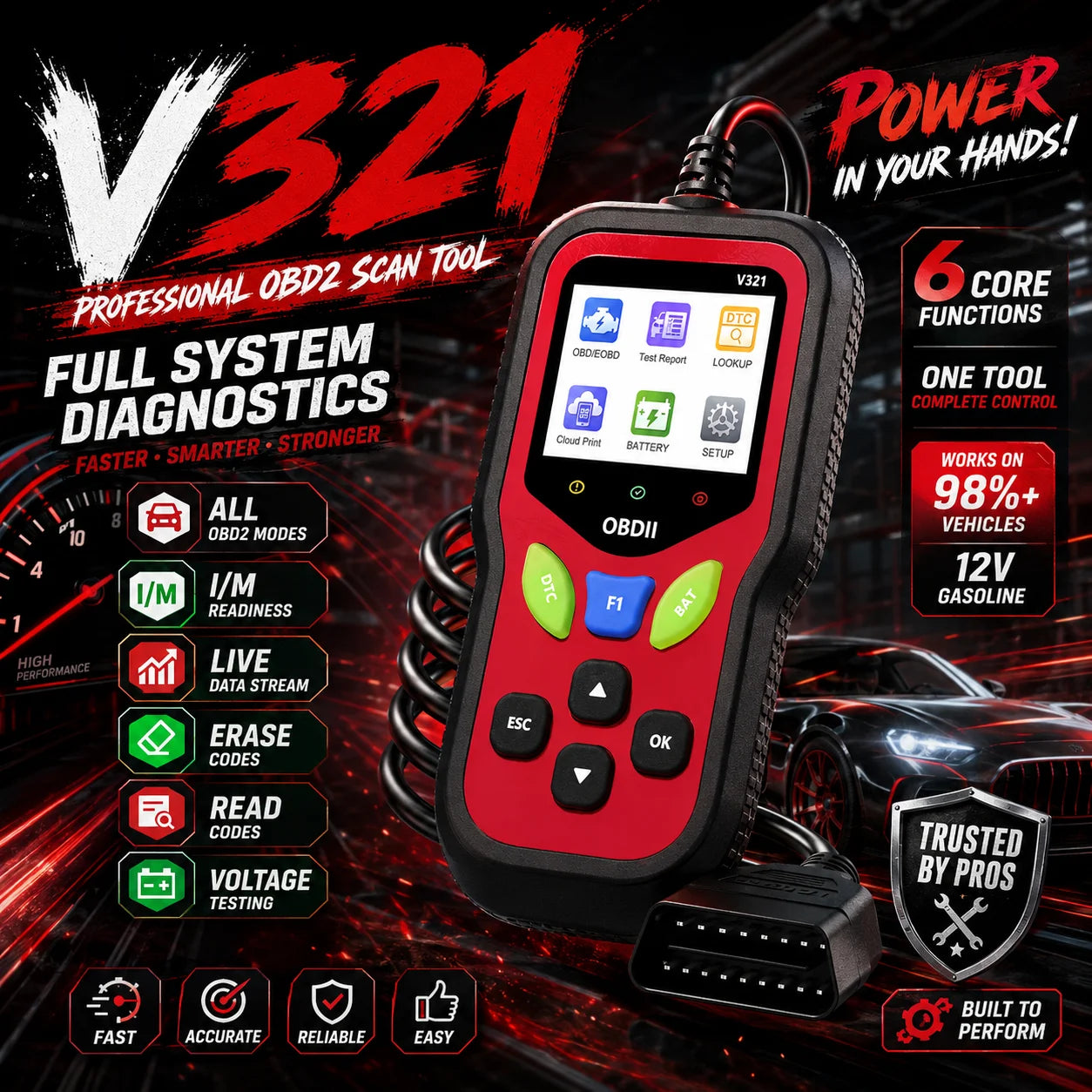 V321 Obd2 Car Diagnostic Tool, Professional Auto Code Reader, Fast Clear Check Engine Light, Real Time Data Stream & Vehicle Sta Peaceful Pleasures Health and Wellness Default Title