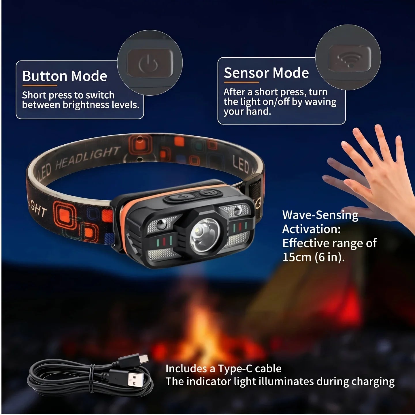 COB LED Headlamp 6-Mode Motion Sensor | USB Rechargeable