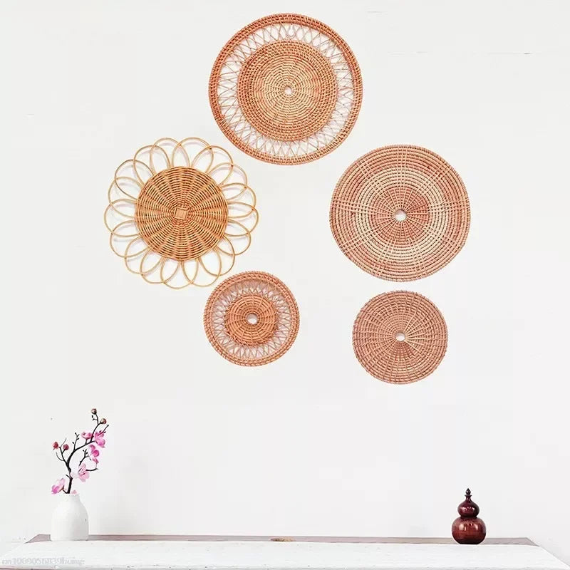 Round Wicker Tray Rattan Woven Wall Hanging Bohemian Country Style Handmade Wall Decor for Living Room Bedroom Wall Display Peaceful Pleasures Health and Wellness