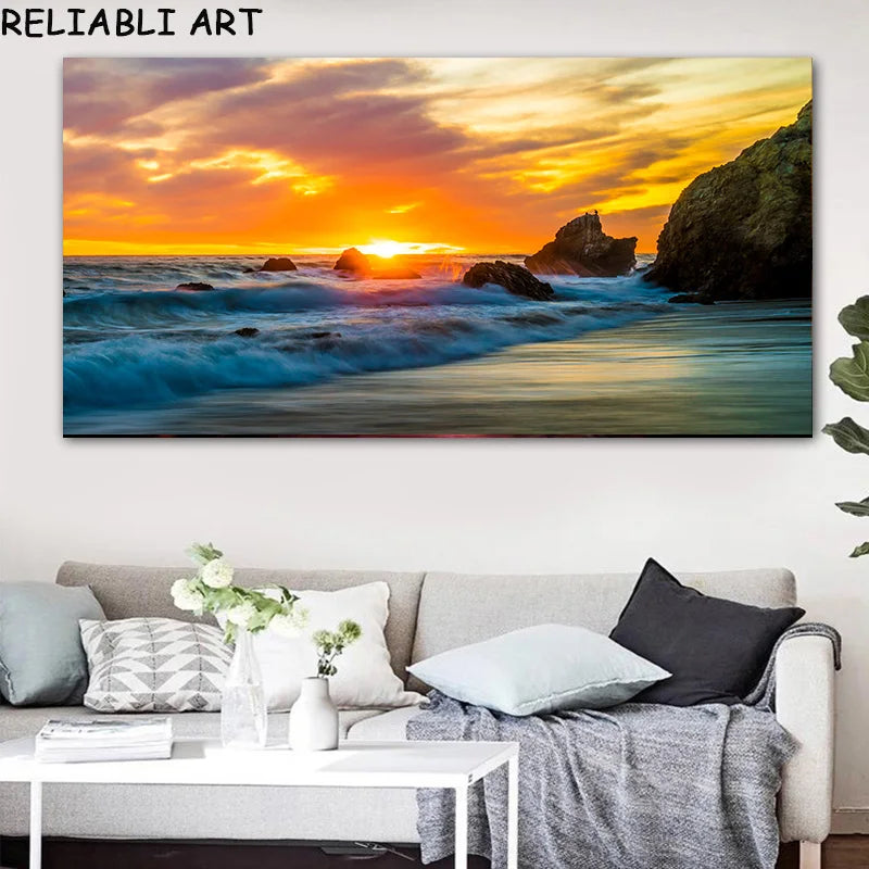 Modern Large Size Landscape Poster Wall Art Canvas Painting Sunset Beach Picture For Living Room Bedroom Home Decor No Frame Peaceful Pleasures Health and Wellness