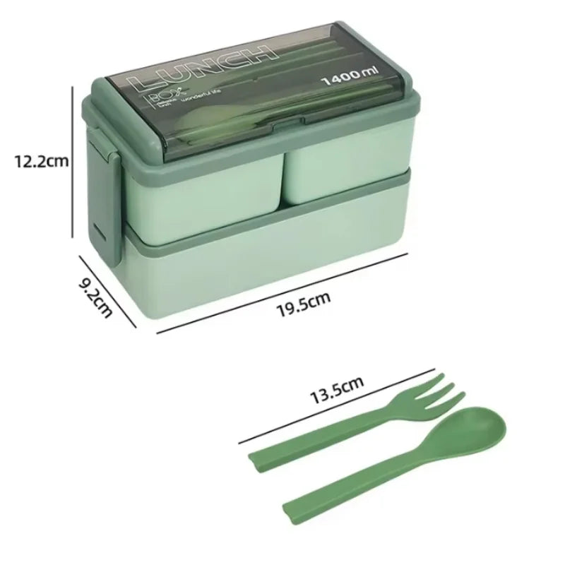 Double Layer Portable Lunch Box For Kids With Fork and Spoon Microwave Bento Boxes Dinnerware Set Food Storage Container Peaceful Pleasures Health and Wellness 1400ml 2