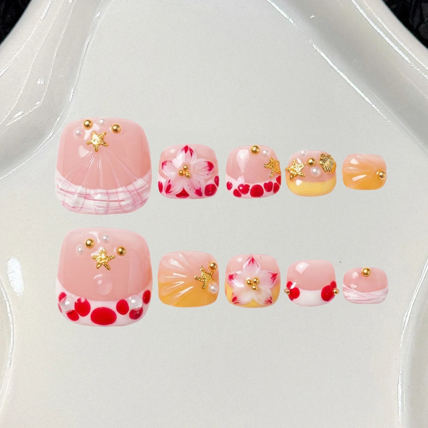 Bohemian Press-On Toe Nails | 3D Flower, Nude Pink & Orange