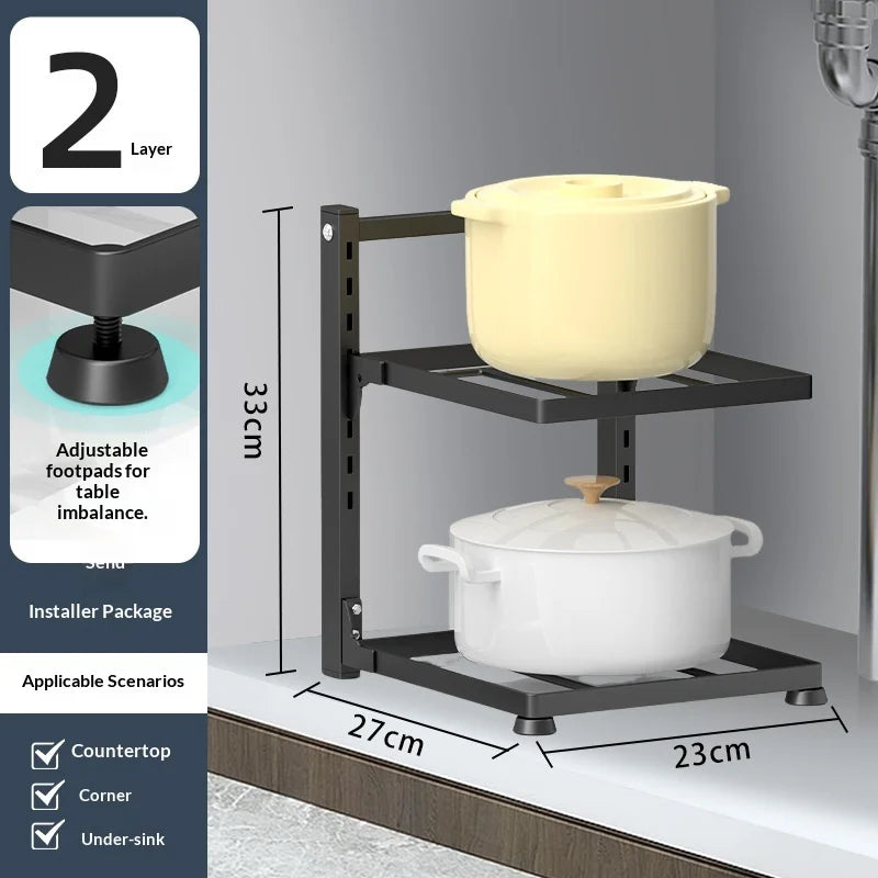 Adjustable Thickened Multi Layer Pot Pan Lid Storage Rack Under Sink Corner Cabinet Space Saving Organizer for Home Kitchen Peaceful Pleasures Health and Wellness 2 Layers