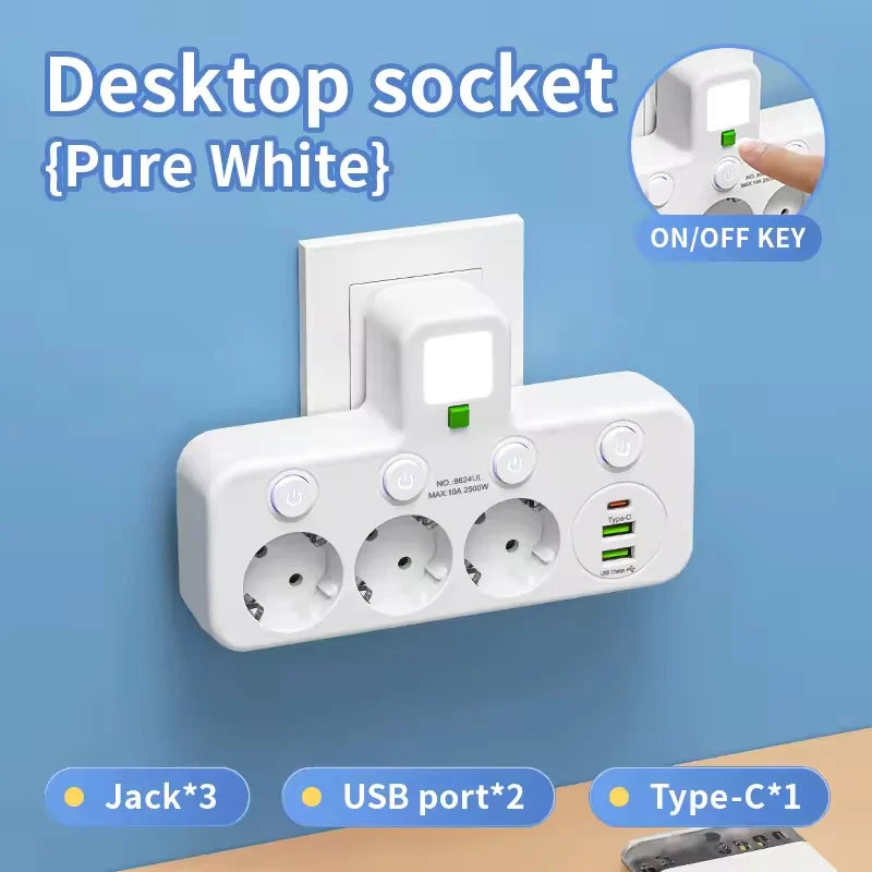 EU Plug Multi Socket Power Strip with USB-C USB Ports Night Light Individual Switches 2500W Wall Charger Adapter for Home Office Peaceful Pleasures Health and Wellness White 3 holes EU Plug