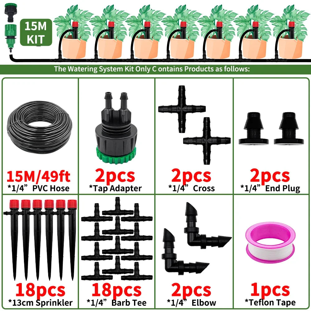 Garden Drip Irrigation Automatic Watering System Kit 1/4'' 13CM Sprinkler for Bonsai Pot Plant Flower Vegetable Greenhouse Peaceful Pleasures Health and Wellness 15M