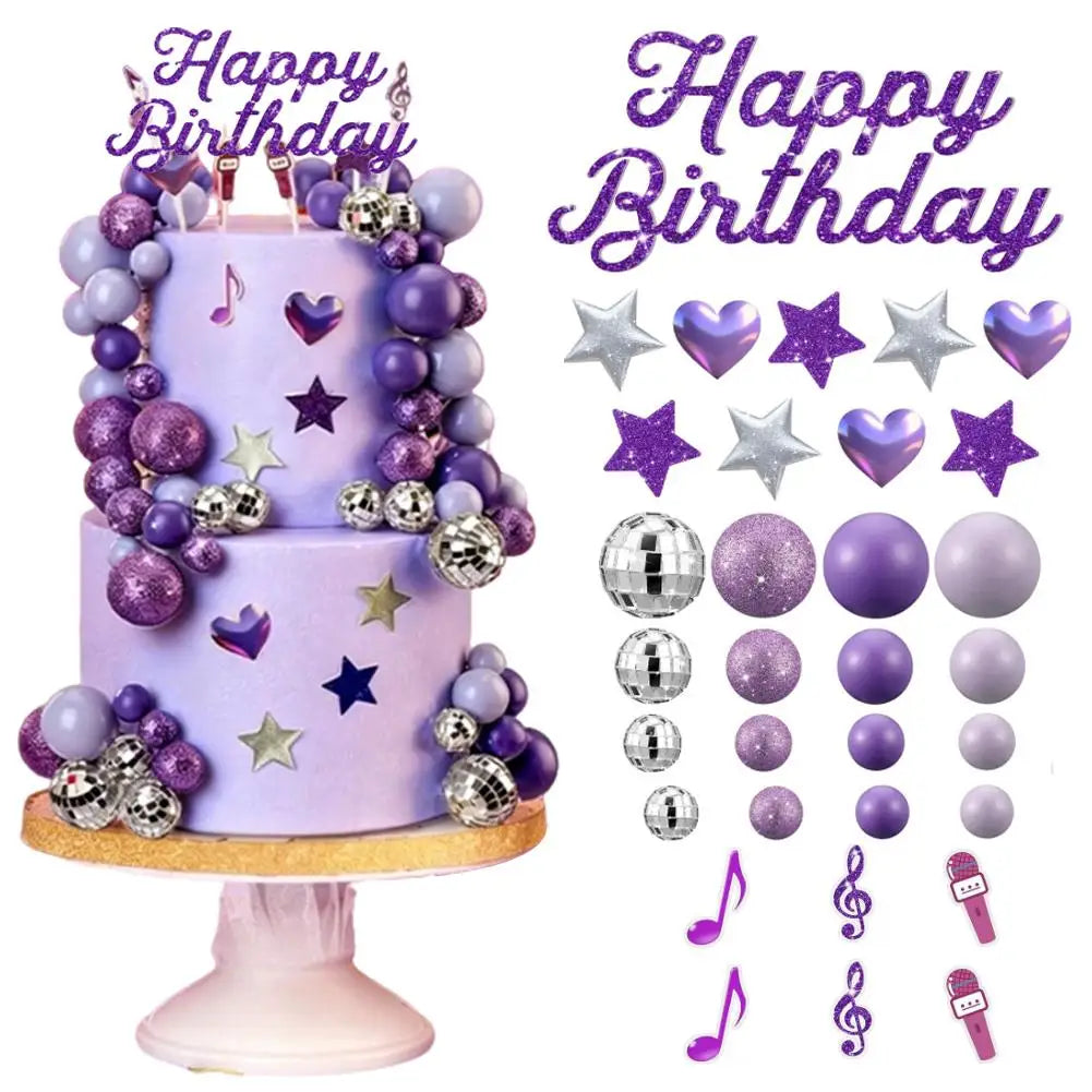 32pc Purple Music Cake Topper Set – Disco Balls, Stars & Hearts