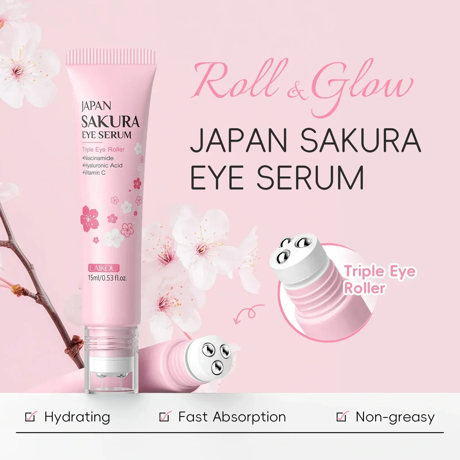 LAIKOU Sakura Eye Serum Roller – Anti-Aging, 15ml Peaceful Pleasures Health and Wellness