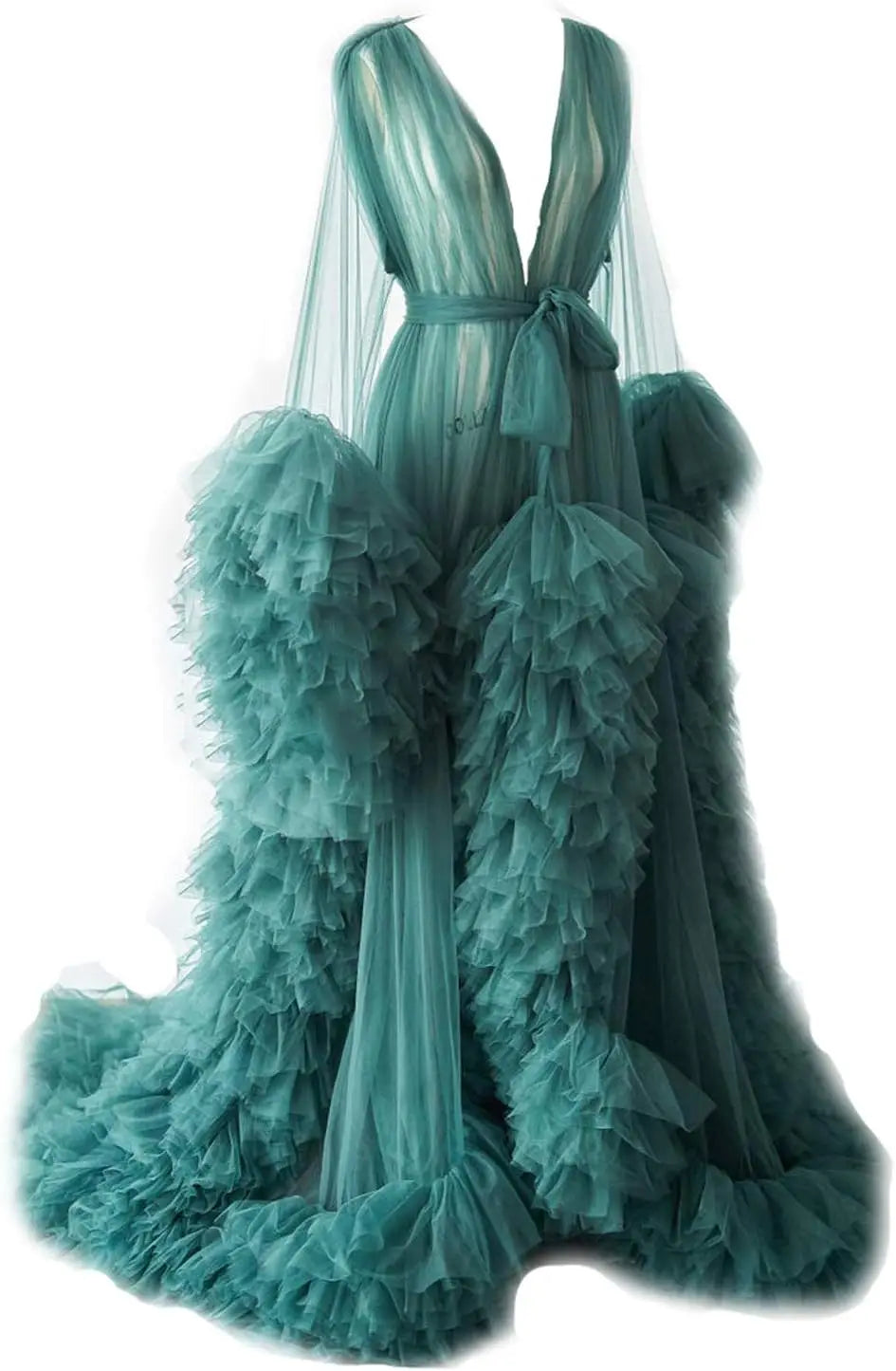 Photoshoot-Ready Tulle Maternity Gown - Puffy Ruffles, Bridal Style, Long Lingerie Dressing Robe for Pregnancy Peaceful Pleasures Health and Wellness Teal US 2
