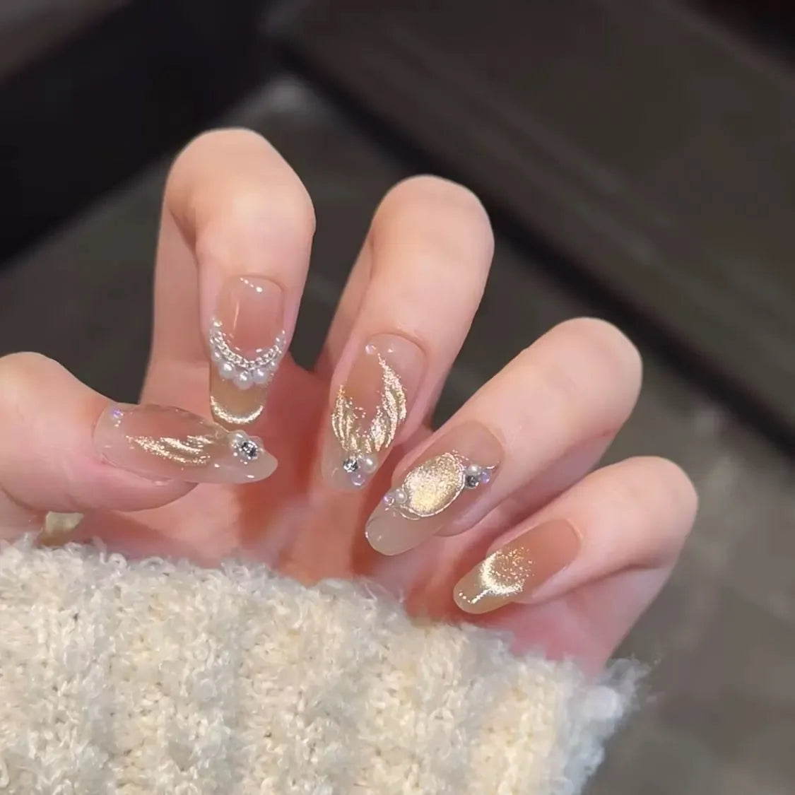 Handmade Press on Nails Dreamy Mermaid Tail Cat Eye Pearl Decor False Nails Full Cover French Cat Eye Shiny Korean Fake Nails Peaceful Pleasures Health and Wellness