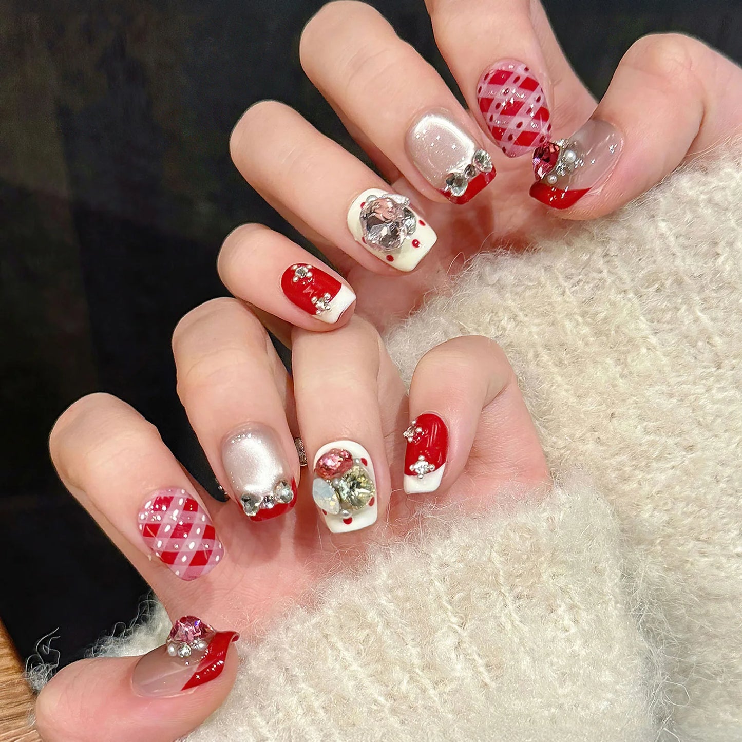 10pcs Velvet Cat's Eye Handmade Press on Nails 3D Flower Fake Nails With Green Brown Plaid Designs Wearable Ins False Nails Tips Peaceful Pleasures Health and Wellness