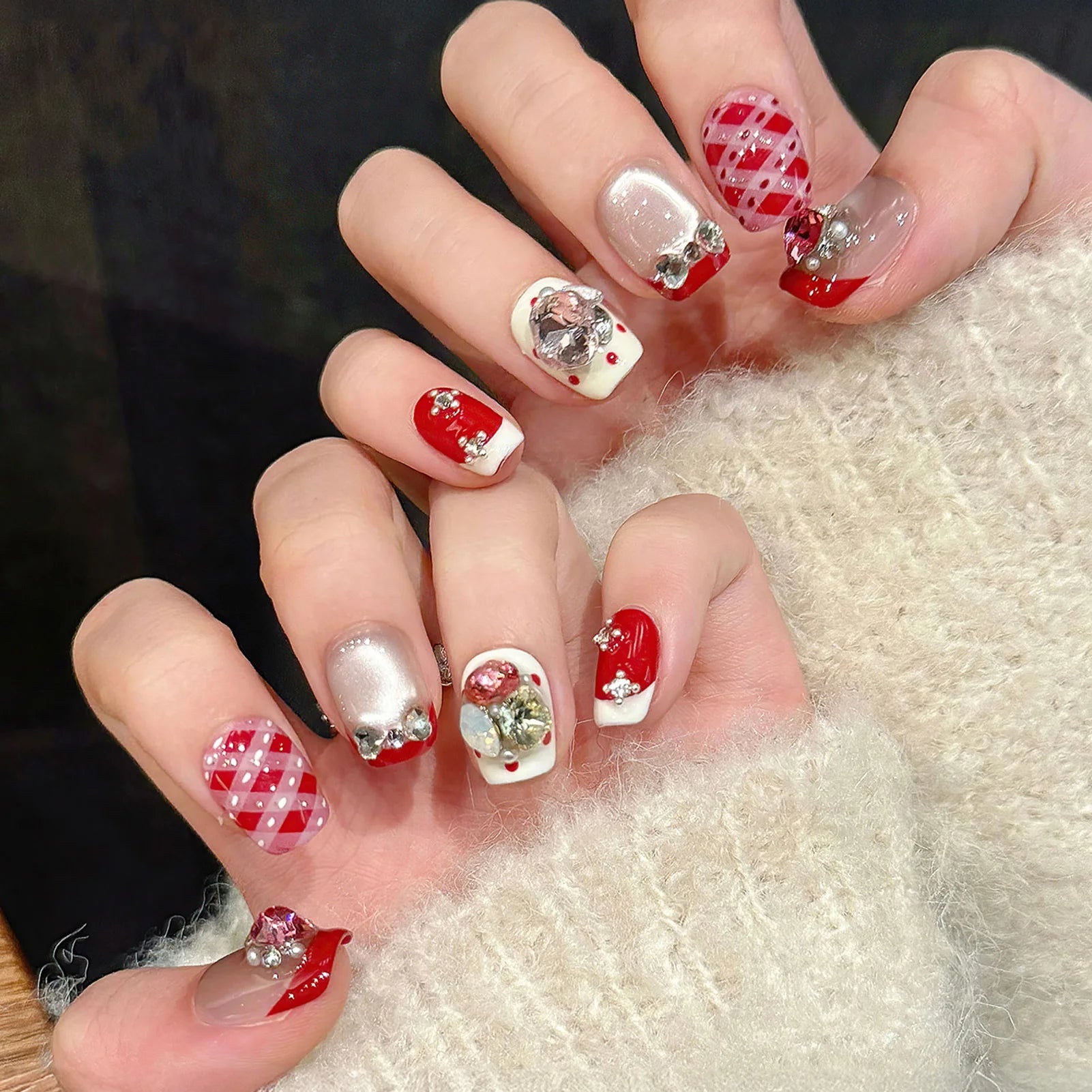 10pcs Velvet Cat's Eye Handmade Press on Nails 3D Flower Fake Nails With Green Brown Plaid Designs Wearable Ins False Nails Tips Peaceful Pleasures Health and Wellness