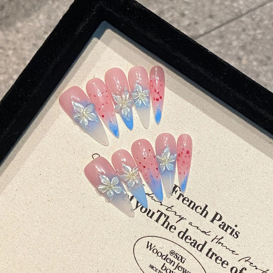 Handmade Press-On Nails Blue Lily Flower Gradient Pink Stiletto Press-On Nail Set Peaceful Pleasures Health and Wellness XS