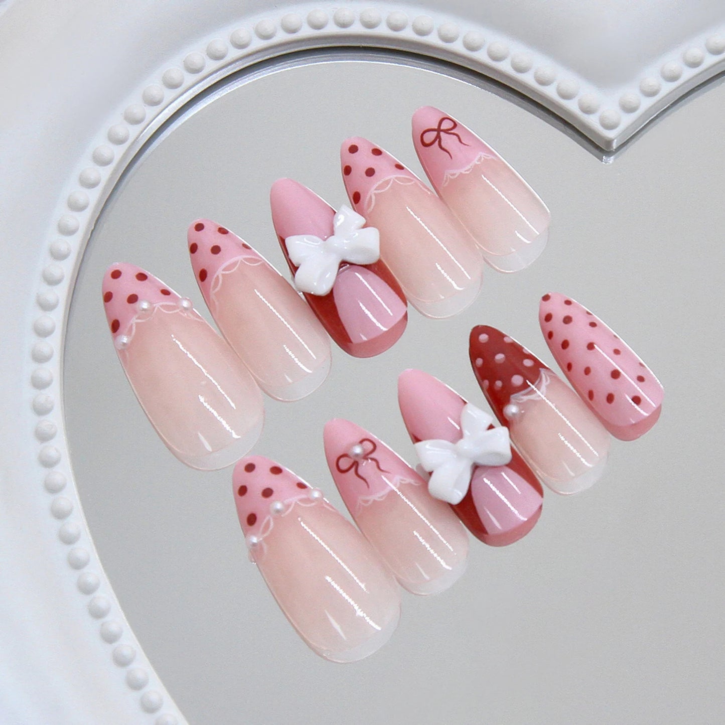 French Press-On Nails 3D Bow Lace Polka Dot Almond 24pcs