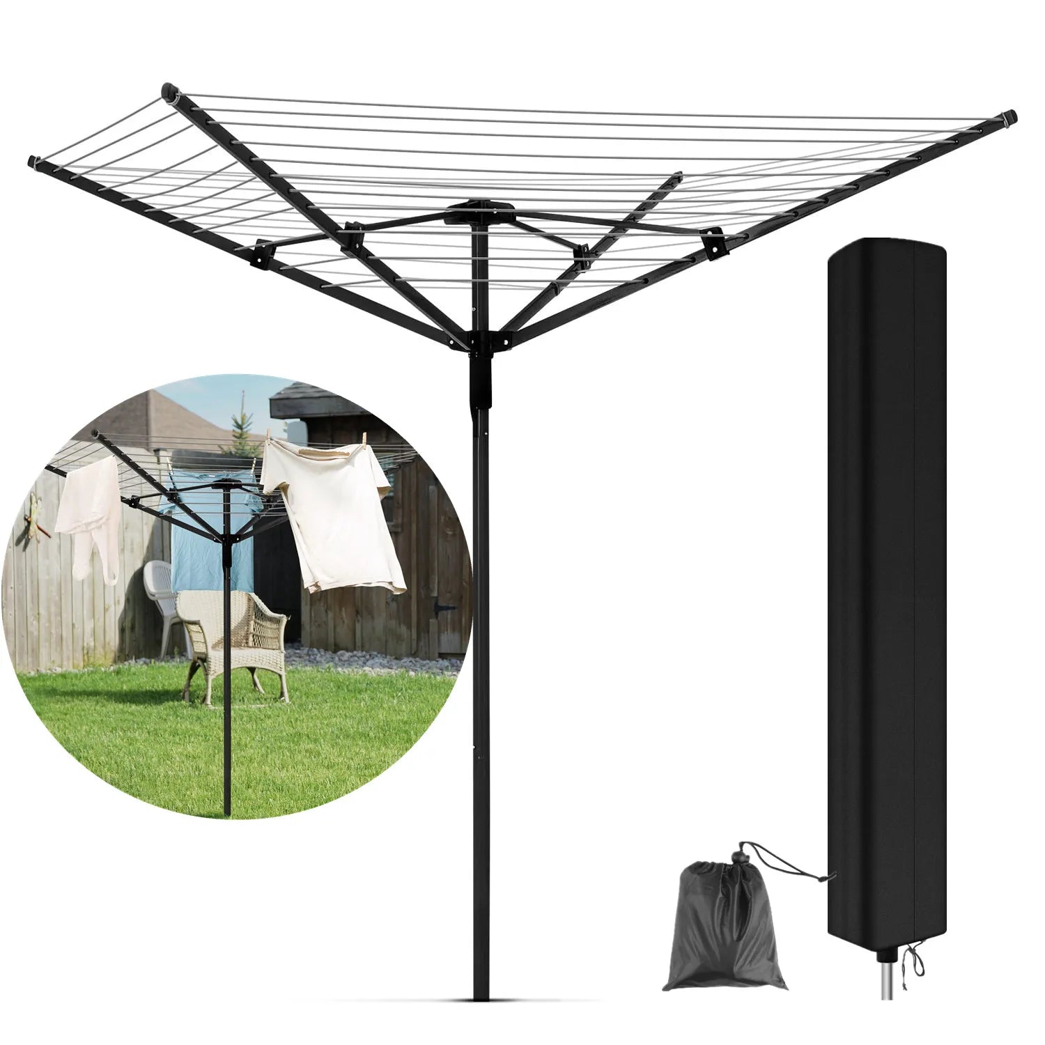 Rotary Outdoor Umbrella Clothes Drying Rack Cover Waterproof Weather Resistant Foldable Protection Cover Tear Resistant W Zipper Peaceful Pleasures Health and Wellness