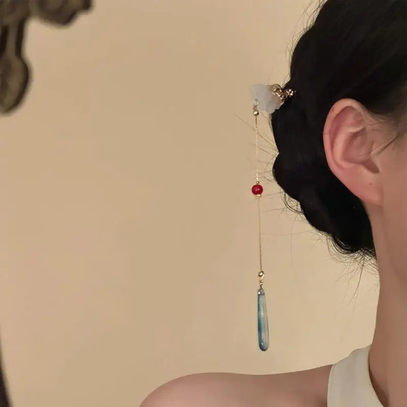 Vintage Pearl Tassel Hair Clip – Enamel Flower Hanfu Hair Pin