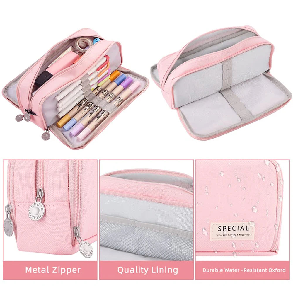 Large 3-Compartment Pencil Case | School & Office Pen Organizer