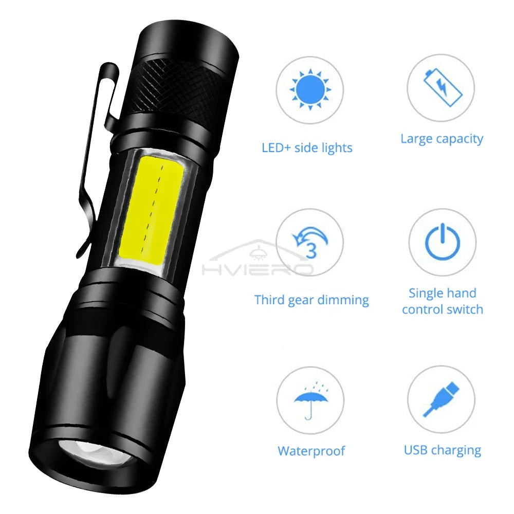 HVIERO Mini Rechargeable LED Flashlight 3W Waterproof T6 Torch