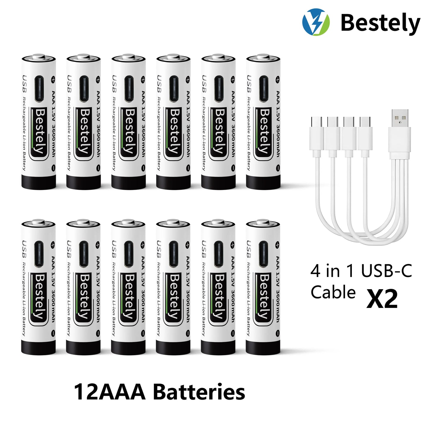 AAA Battery Rechargeable Li-Ion 1.5V 3600mAh 2000 Cycles USB-C Fast Charging Long-Lasting with free USB- C Cable Peaceful Pleasures Health and Wellness 12 pcs Batteries