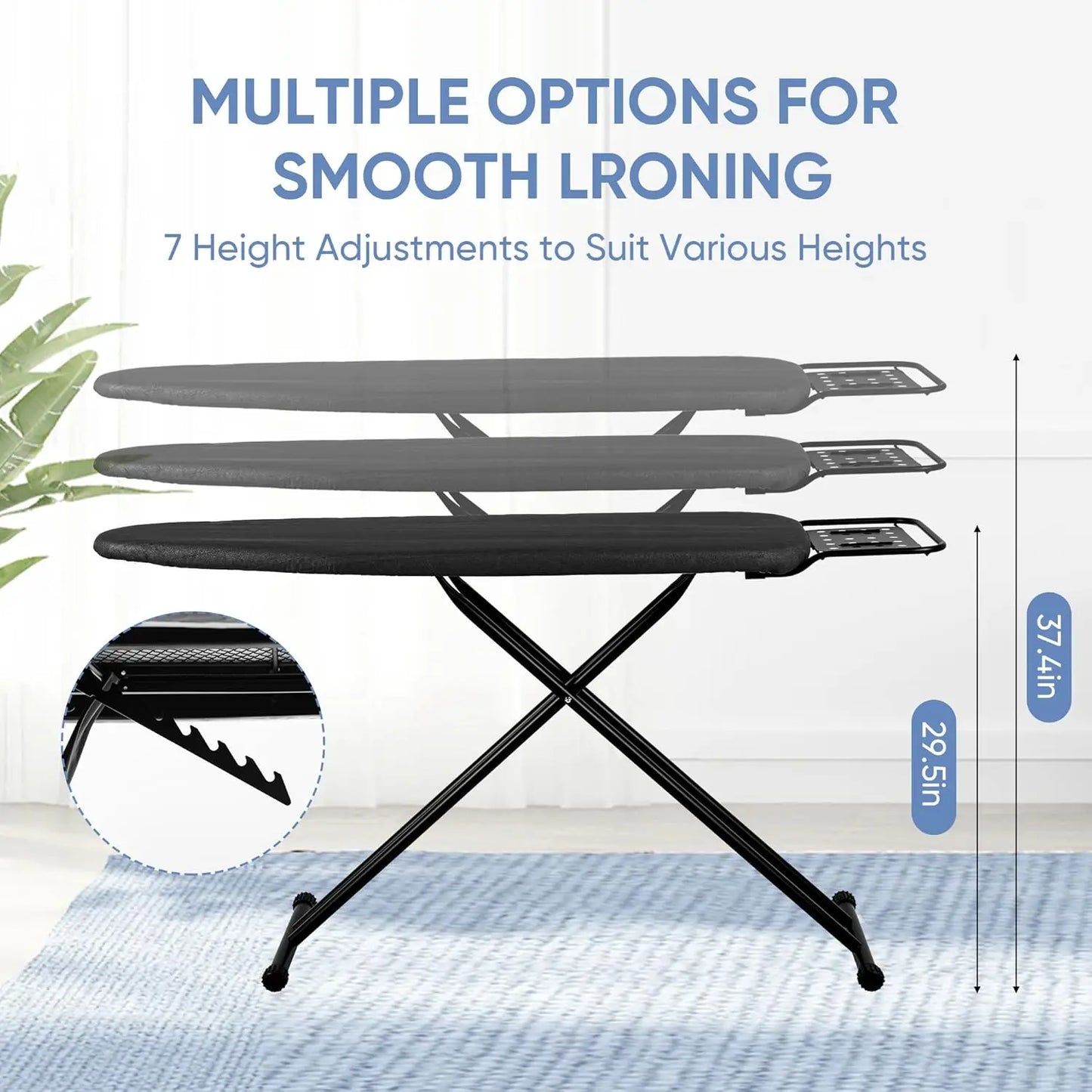 Ironing board with multiple height adjustments on a white background