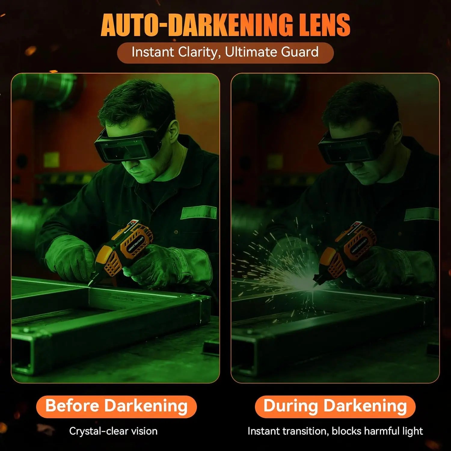 Person using a power tool with auto-darkening lenses showing before and during darkening effects.