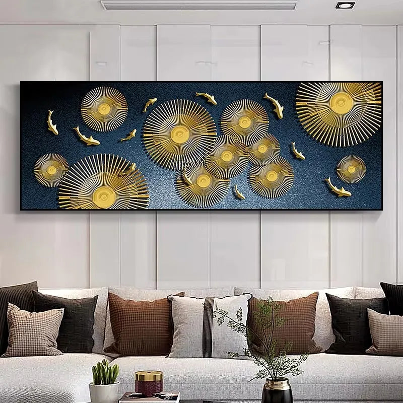 Large Wall Decorative Painting on Canvas Chinese Style Koi Poster Nine Fish Illustration Feng Shui Carp Lotus Pond Home Decor Peaceful Pleasures Health and Wellness ZLH3500 80x240cm Unframed