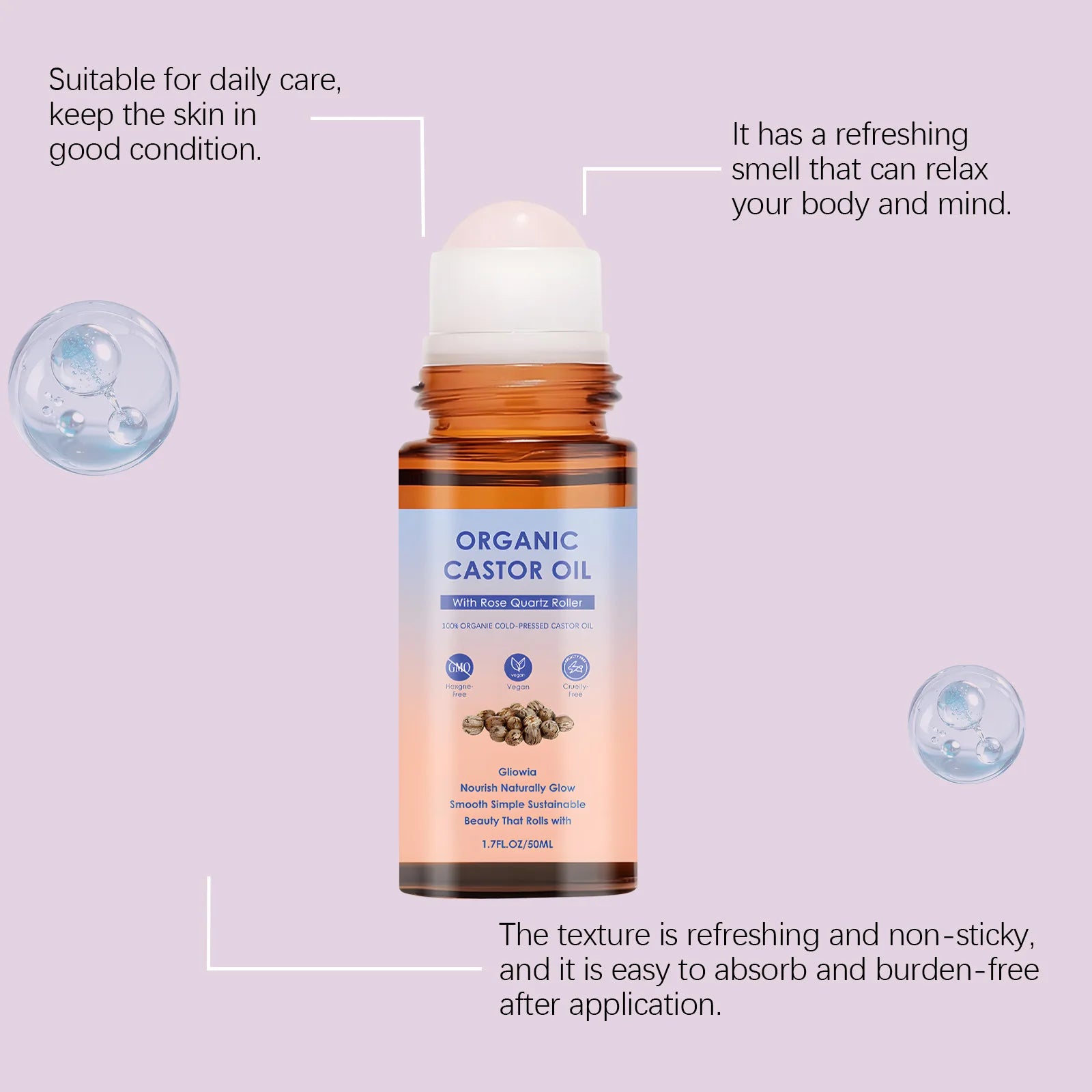 Organic Castor Oil Rose Quartz Roller Ball Moisturizing Skin Barrier Deep Repair Soothing Skin Cold-Pressed Natural Castor Oil Peaceful Pleasures Health and Wellness