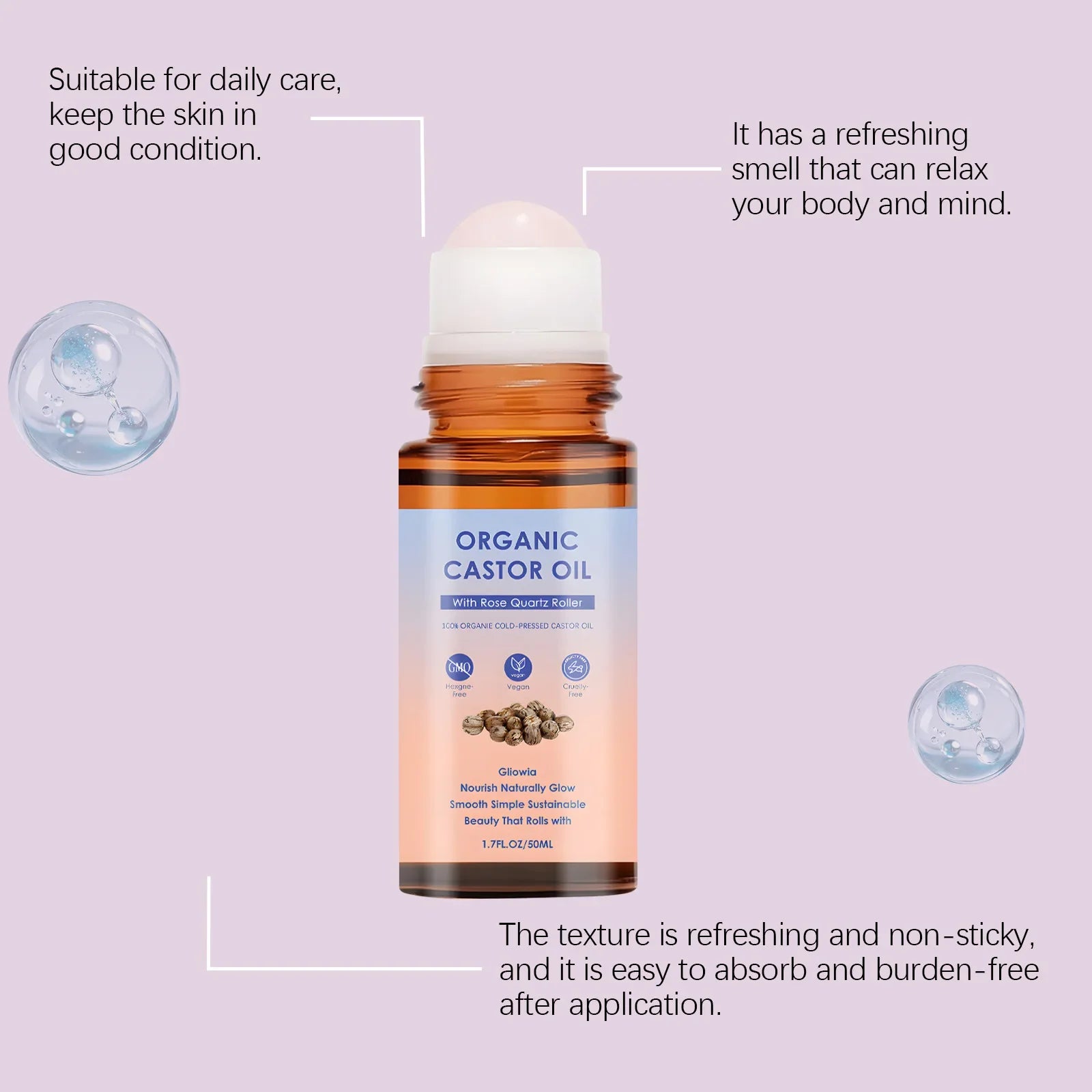 Organic Castor Oil Rose Quartz Roller Ball – 50ml Skin Repair Castor Oil Roller Oasis Select