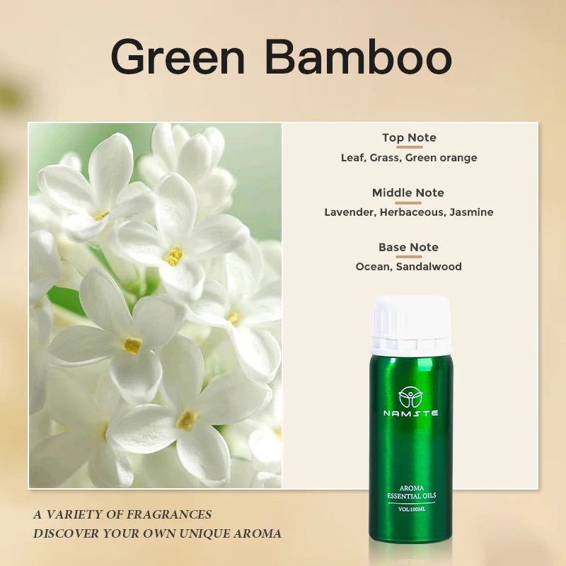 Green bamboo essential oil bottle with floral image and fragrance notes on a beige background