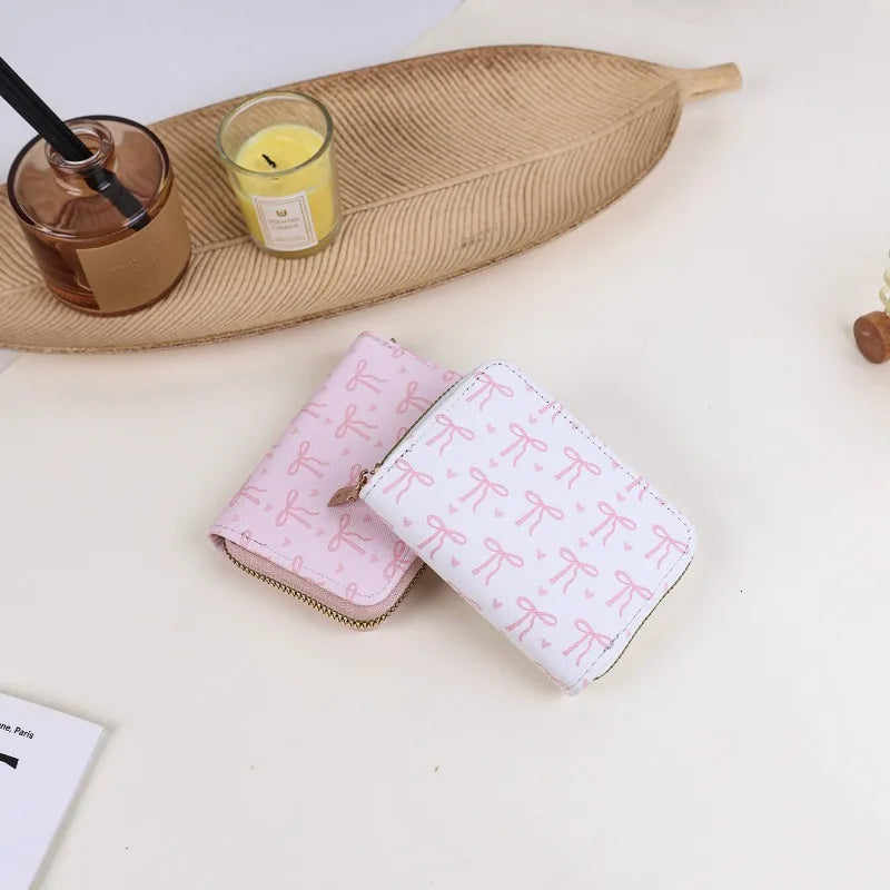 Korean style Multi-slots Zipper Mini Coin Purse Pink Sweet Bowknot Card Holder Women Girls PU Leather Portable Travel Wallet Peaceful Pleasures Health and Wellness
