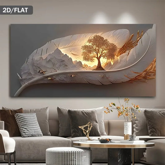 Golden Feather Life Tree Canvas Wall Art | Modern Unframed Poster Canvas Wall Art Peaceful Pleasures Health and Wellness