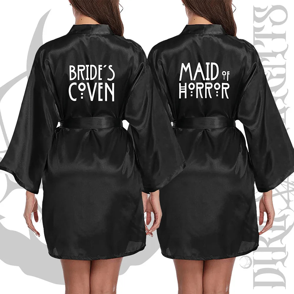 Gothic Bachelorette Satin Robe | Goth Bridal Kimono Gift Bridal Party Robe Peaceful Pleasures Health and Wellness