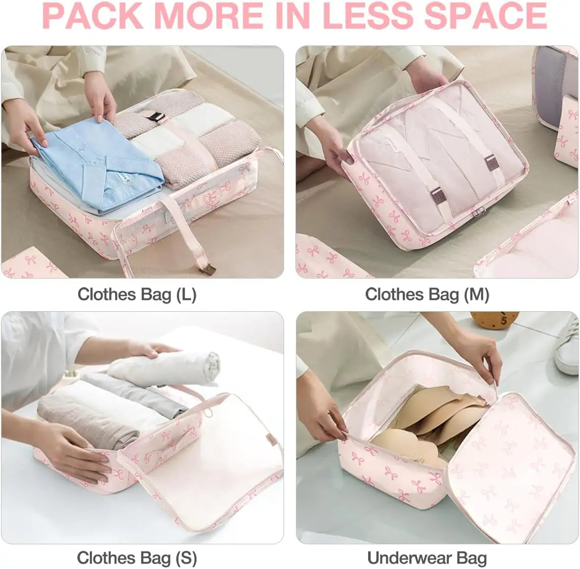8-Piece Packing Cubes Set for Travel – Pink Bow Design Peaceful Pleasures Health and Wellness